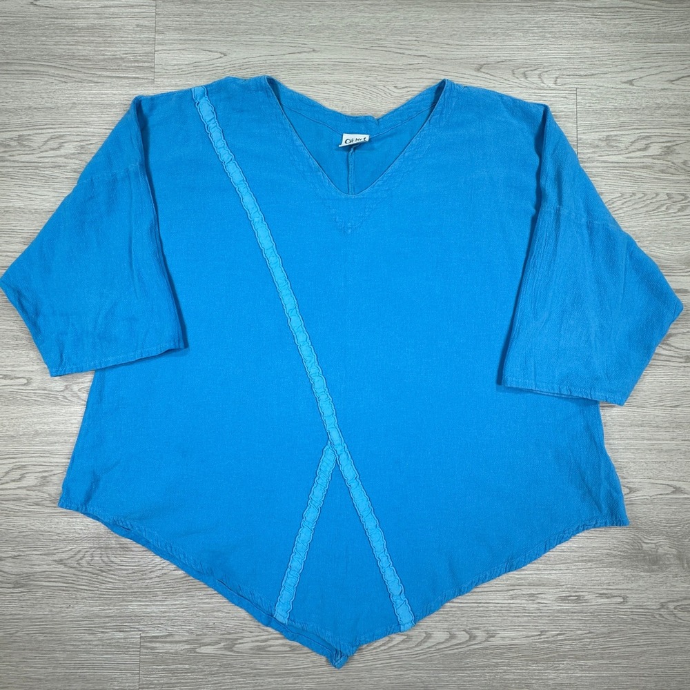 Oh My Gauze Women's Top V-Neck Handkerchief Hem Blue O/S Cotton Lagenlook